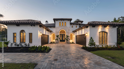 front view of beautiful white and black Spanish style home with dark brown accents, paver driveway, cinematic, Nikon D850 camera © Clipart Collectors