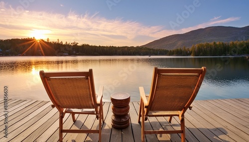 two wooden chairs on a wood pier overlooking a lake at sunset