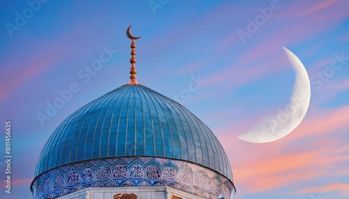 the dome of the mosque and the crescent moon in the blue twilight sky in watercolour style