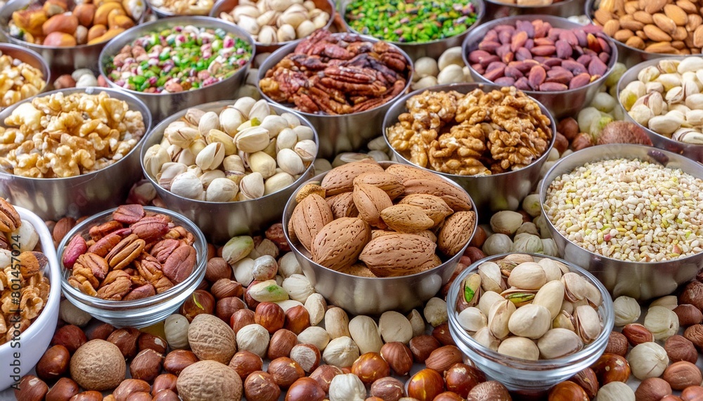 assorted nuts background large mix seeds raw food products pecan hazelnuts walnuts pistachios almonds macadamia cashew peanut and other