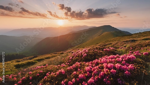 beautiful sunrise in the spring mountains view of hills covered with fresh blossom rhododendrons panoramic landscape