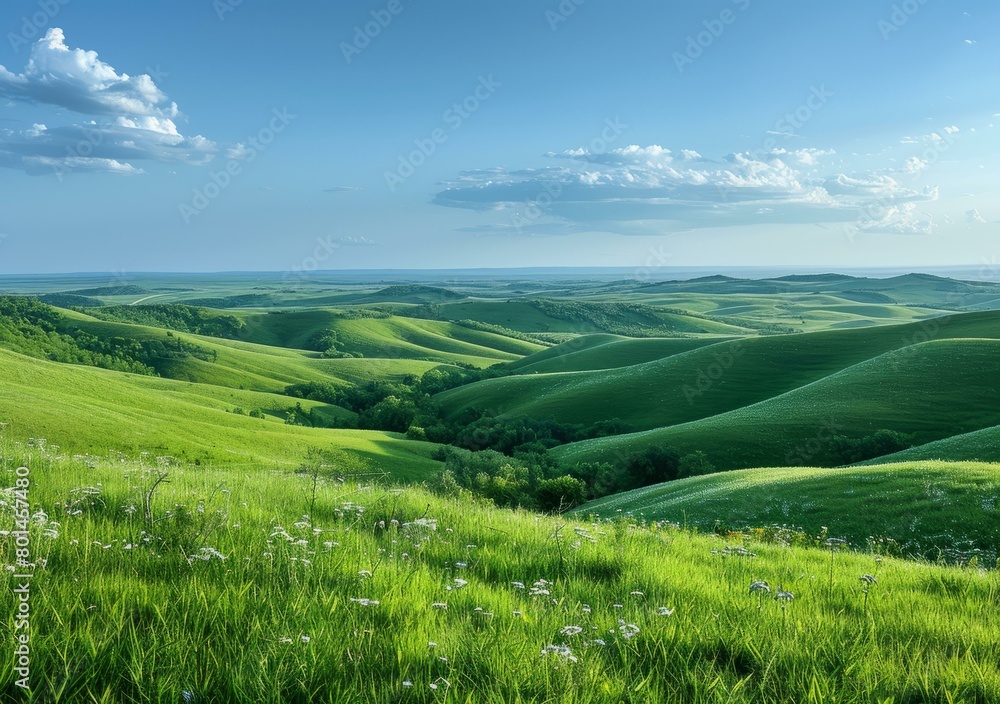 Landscape of green rolling hills under blue sky
