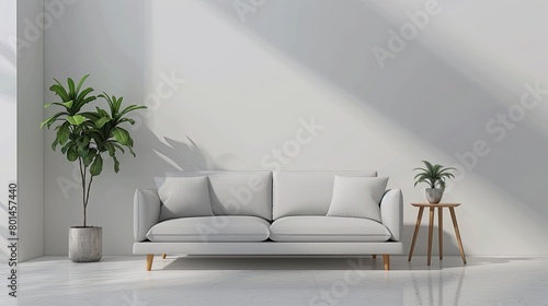 a sofa mockup nestled in a Scandinavian interior, featuring a white wall backdrop, a sleek grey sofa, a stylish side table adorned with a plant, embodying the essence of minimal home design. © lililia