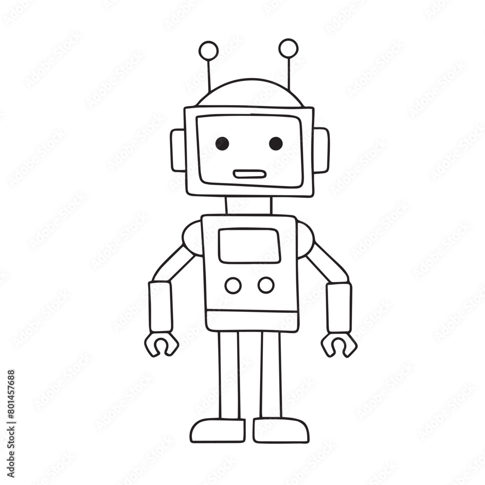 Cute robot character in doodle style. Hand drawn vector art. Cute robot character in doodle style. Hand drawn vector art.