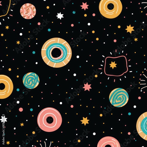 Black background simple minimalistic seamless pattern  multicolored playful hand drawn cute lines and stars on sugar sprinkles on a donut  confetti