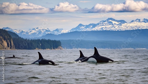 wild orcas killerwhales pod traveling in open water in the ocean