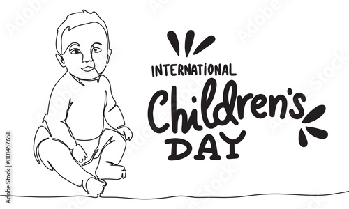 International Children s Day banner  one line continuous. Line art baby. Hand drawn vector art.