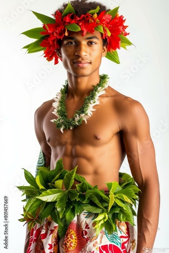 shirtless man wearing a flower crown, necklace, and leaf skirt photo