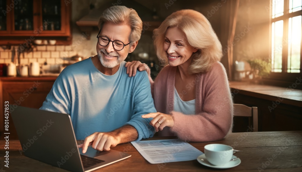 Elderly couple smiling over a laptop in a cozy, rustic kitchen, radiating warmth and connection Elderly couple smiling over a laptop in a cozy, rustic kitchen, radiating warmth and connection