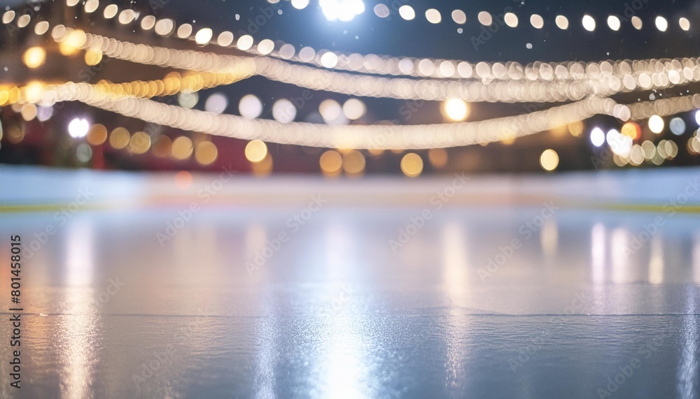 festive background with lights reflecting on the surface of the ice on the skating rink empty ice skating arena winter holidays bokeh lights copy space