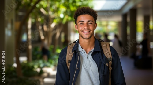 Smiling young male college student with a backpack on his shoulder photo