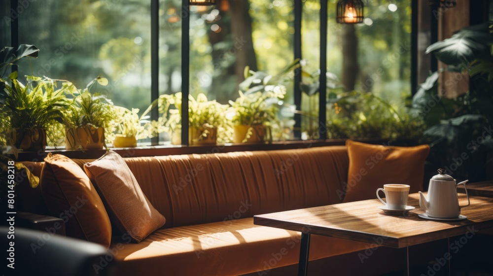 Sunlight shining through a large glass window into a room with a sofa and a table Sunlight shining through a large glass window into a room with a sofa and a table