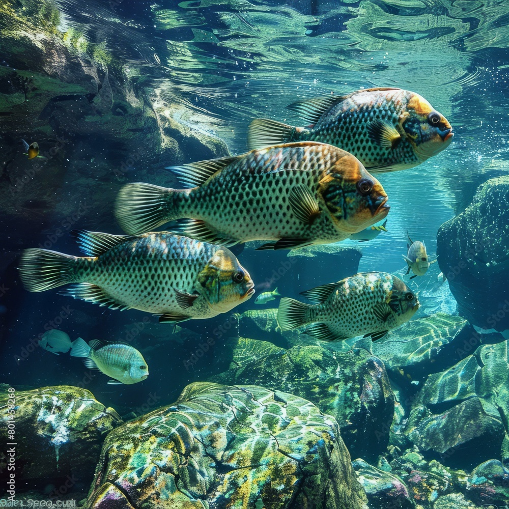A group of fish swim in a large tank