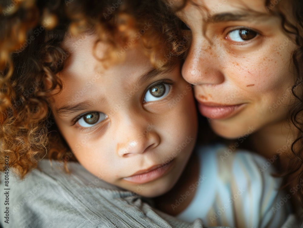A close-up portrait of a mother and her son.