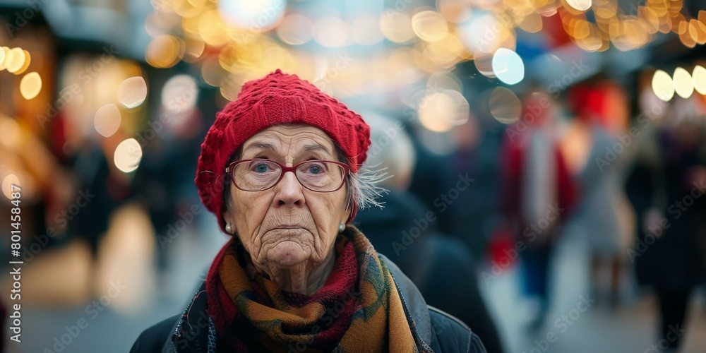 Portrait of an elderly woman wearing a red hat and glasses