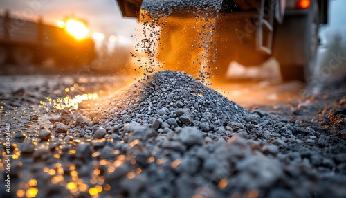 Worker directing a truck as it delivers sand and gravel, closeup on the pouring and distribution