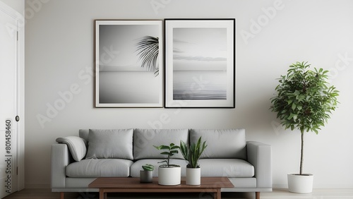 Mock up frames with gray long sofa 