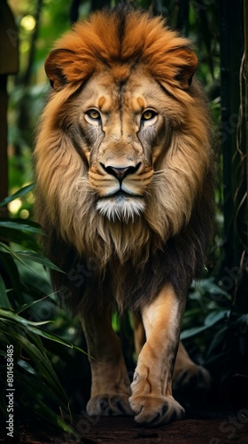 Close-up of a male lion walking in the jungle