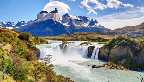 stunning scenery of the raging paine river waterfalls with majestic torres del paine in the background in torres del paine national park in the patagonia region of chile