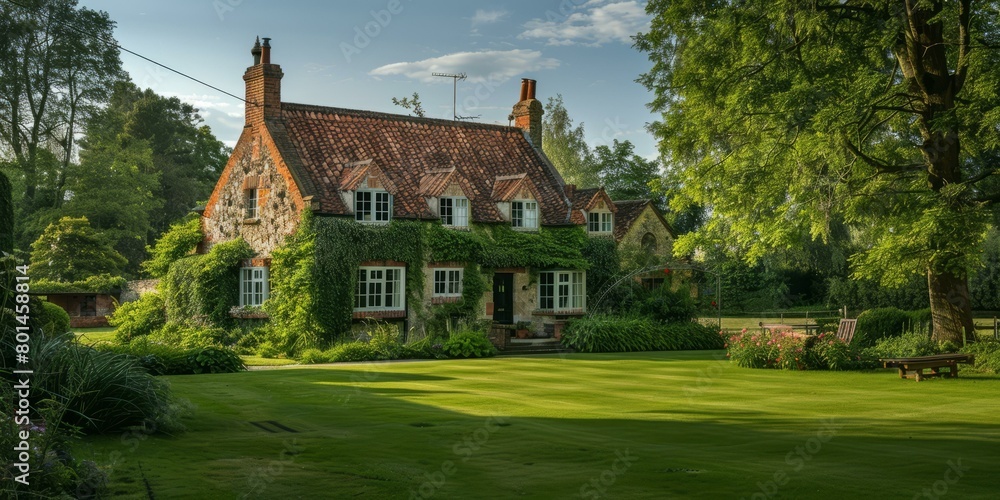An English country house surrounded by a lush green garden An English country house surrounded by a lush green garden