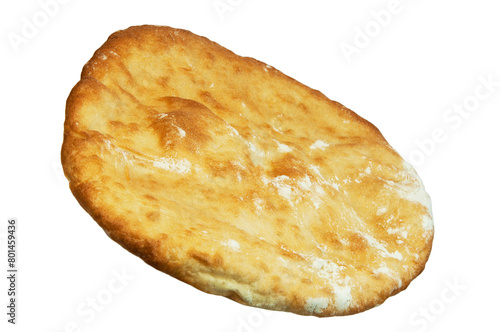 round Georgian pita bread on a white background. round flat bread on a light surface  © Григорий Юник