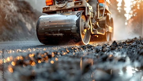 Using roller compactor for road construction and asphalt finishing. Concept Road Construction, Roller Compactor, Asphalt Finishing, Construction Machinery, Civil Engineering photo