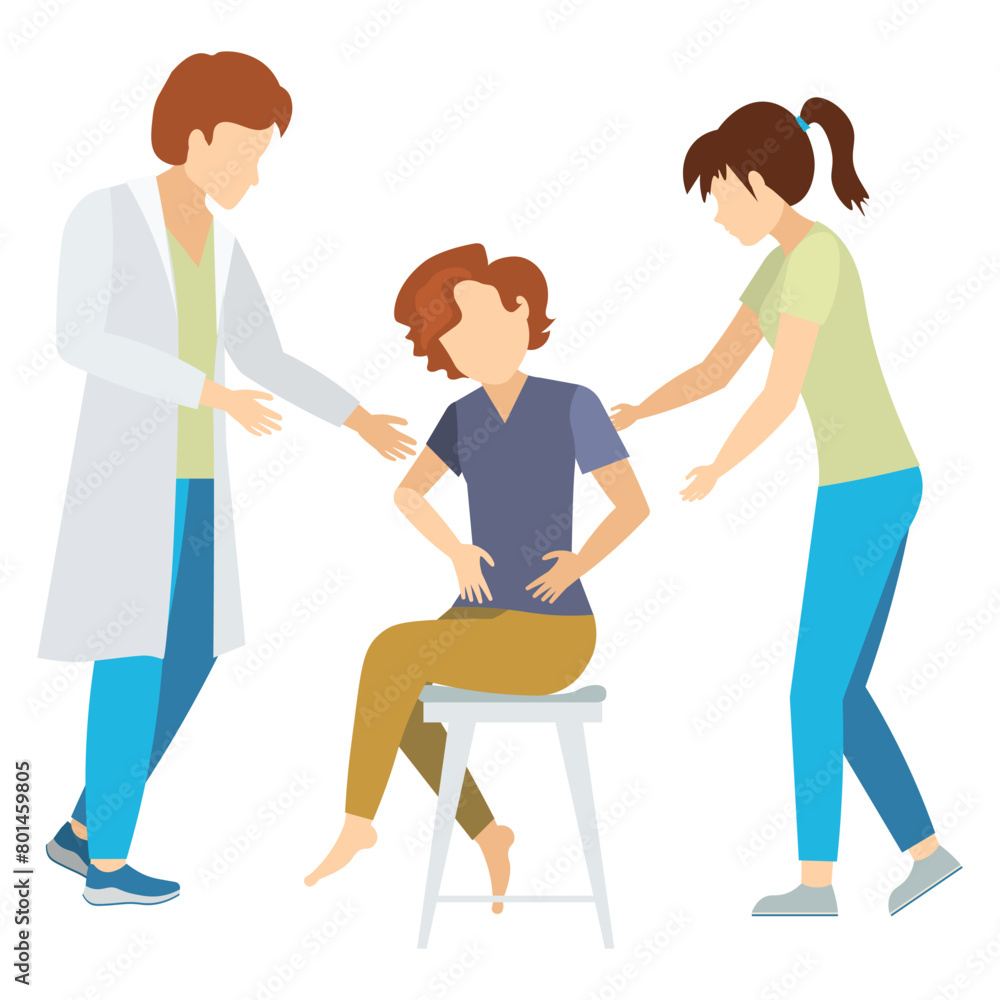 Medical clinic. A woman shows her sore stomach to the doctor and nurse. Doctors and nurses. Medical clinic. A woman shows her sore stomach to the doctor and nurse. Doctors and nurses.