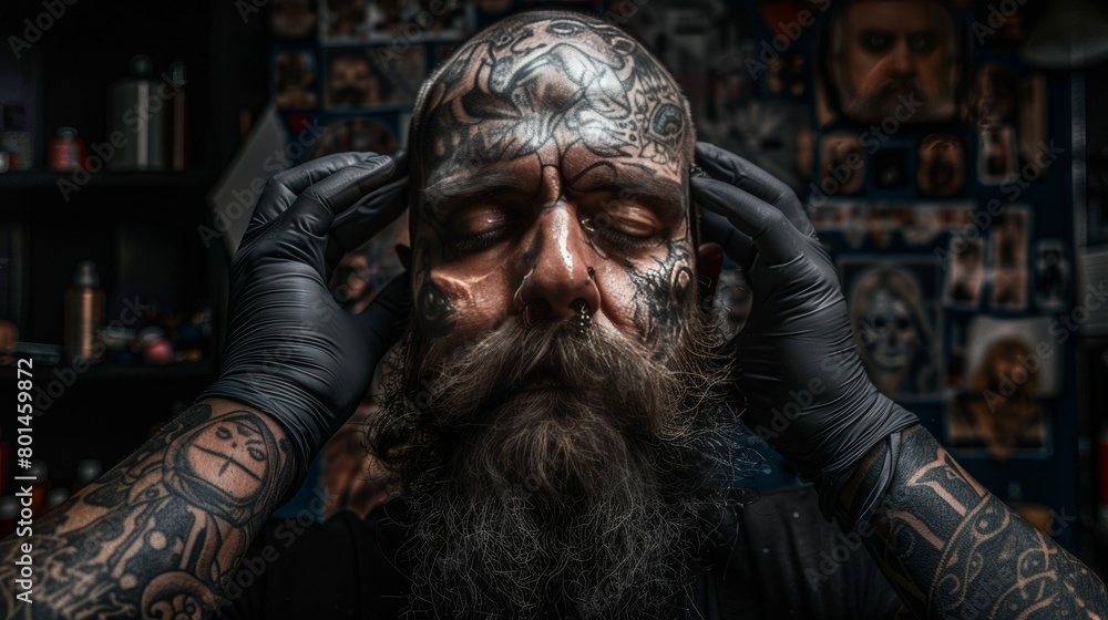 Bearded tattoo artist creating unique designs in his studio and tattooing clients Bearded tattoo artist creating unique designs in his studio and tattooing clients