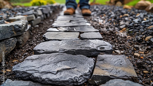 Vivid detail of a garden path being laid with flagstones, focus on alignment and natural stone texture