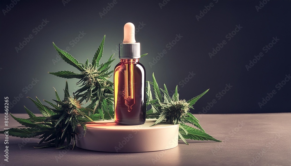 cbd oil in bottle cannabis bush hemp on geometric podium