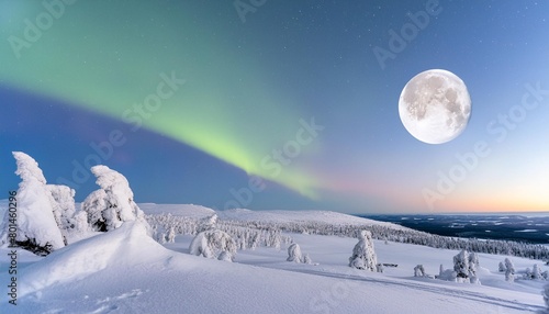 moon and northern lights above pallas fells with fresh snow at winter night in pallas yllastunturi national park in muonio finland photo