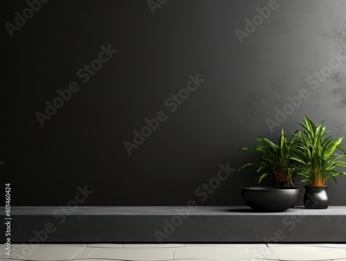 Black minimalistic abstract empty stone wall mockup background for product presentation. Neutral industrial interior with light, plants