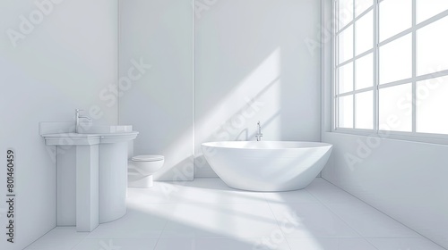 a white bathroom interior featuring a bathtub and toilet, accented with wooden furniture and a window on the wall, bathed in bright daylight.