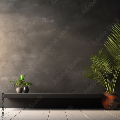 Black minimalistic abstract empty stone wall mockup background for product presentation. Neutral industrial interior with light  plants