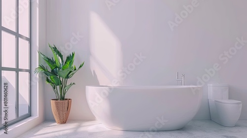 a white bathroom interior featuring a bathtub and toilet, accented with wooden furniture and a window on the wall, bathed in bright daylight.