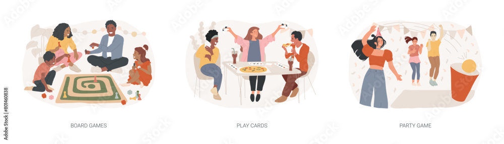 Leisure time spending isolated concept vector illustration set. Leisure time spending isolated concept vector illustration set.