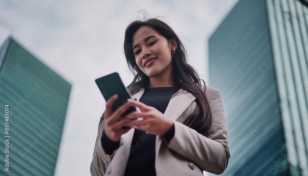 Confident young woman using her phone in a city environment 