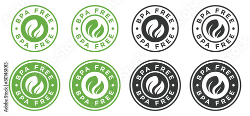 Set of BPA free icon circle emblem logo vector design concept. Bisphenol A label icons template design in green and black colors photo