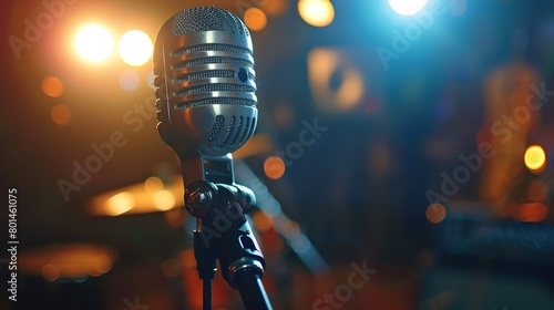 vintage style microphone with bokeh light and copy space, Generative Ai