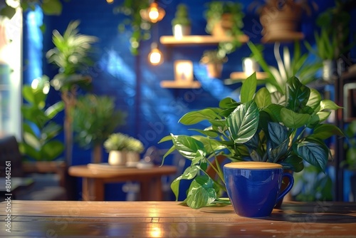 Eco-Friendly Café Corner with Lush Indoor Plants and Coffee—Modern Plant Styling photo