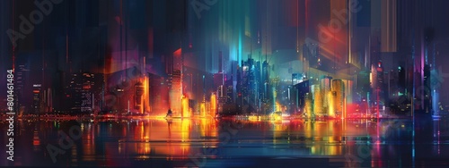 An abstract interpretation of a city skyline at night, with glowing lights and reflections. © SH Design