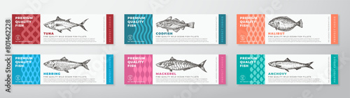 Fish Seafood Vector Packaging Label Design Collection Modern Typography and Hand Drawn Tuna, Herring, Anchovy and Mackerel Product Background Layouts Set (ID: 801462228)