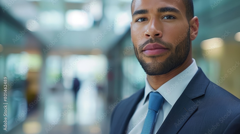   A man in a suit and tie gazes off-kilter, his expression somber and intense