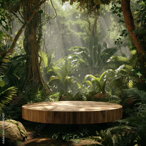 Immerse your brand in the serenity of the rainforest with a wooden podium surrounded by lush greenery  perfect for product displays. AI generative