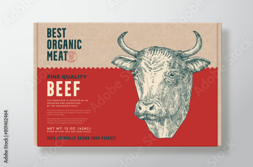 Beef Meat Vector Packaging Label Design on a Craft Cardboard Food Box Container. Modern Typography and Hand Drawn Domestic Cow Face Head Background Layout Isolated (ID: 801462464)