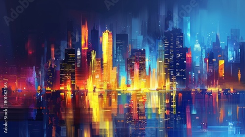 An abstract interpretation of a city skyline at night, with glowing lights and reflections.