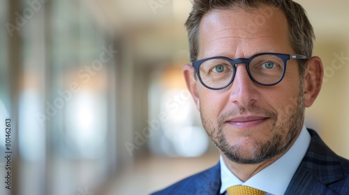   A close-up of a man in a suit and tie, donning glasses and a yellow tie © Mikus