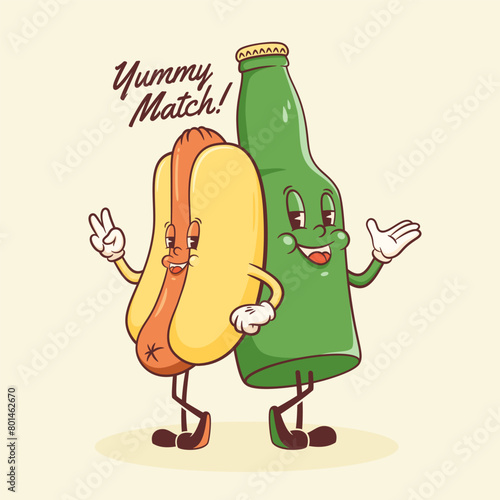 Groovy Hotdog and Beer Retro Character Illustration. Cartoon Sausage, Bun and Bottle Walking Smiling Vector Food Mascot Template. Happy Vintage Cool Fast Food Rubberhose Style Drawing (ID: 801462670)