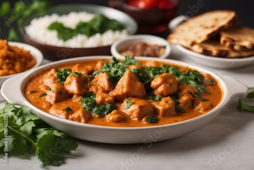 'butter chicken saag paneer indian nner food rice culture dinner meal lunch cookery epicure cooking hot coriander masala traditional cilantro curry bowl meat table tablecloth nobody spicey' photo