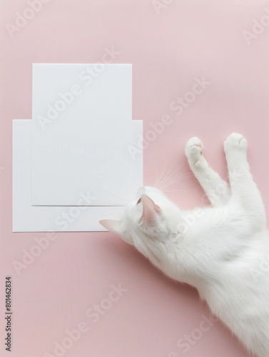 Mockup of two blank sheets of paper, top view. Minimalism, white cat on a pink background.